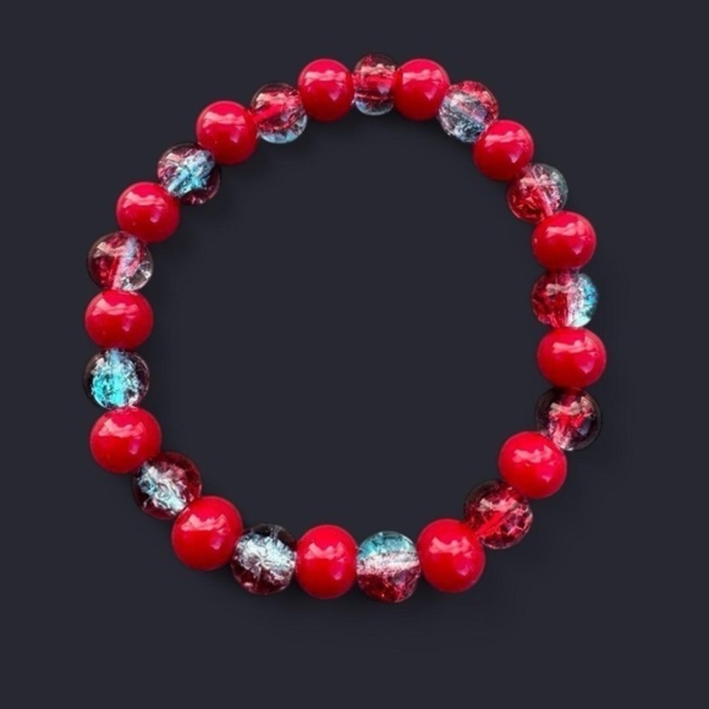 Red Blue Crackle Glass Bead Bracelet
